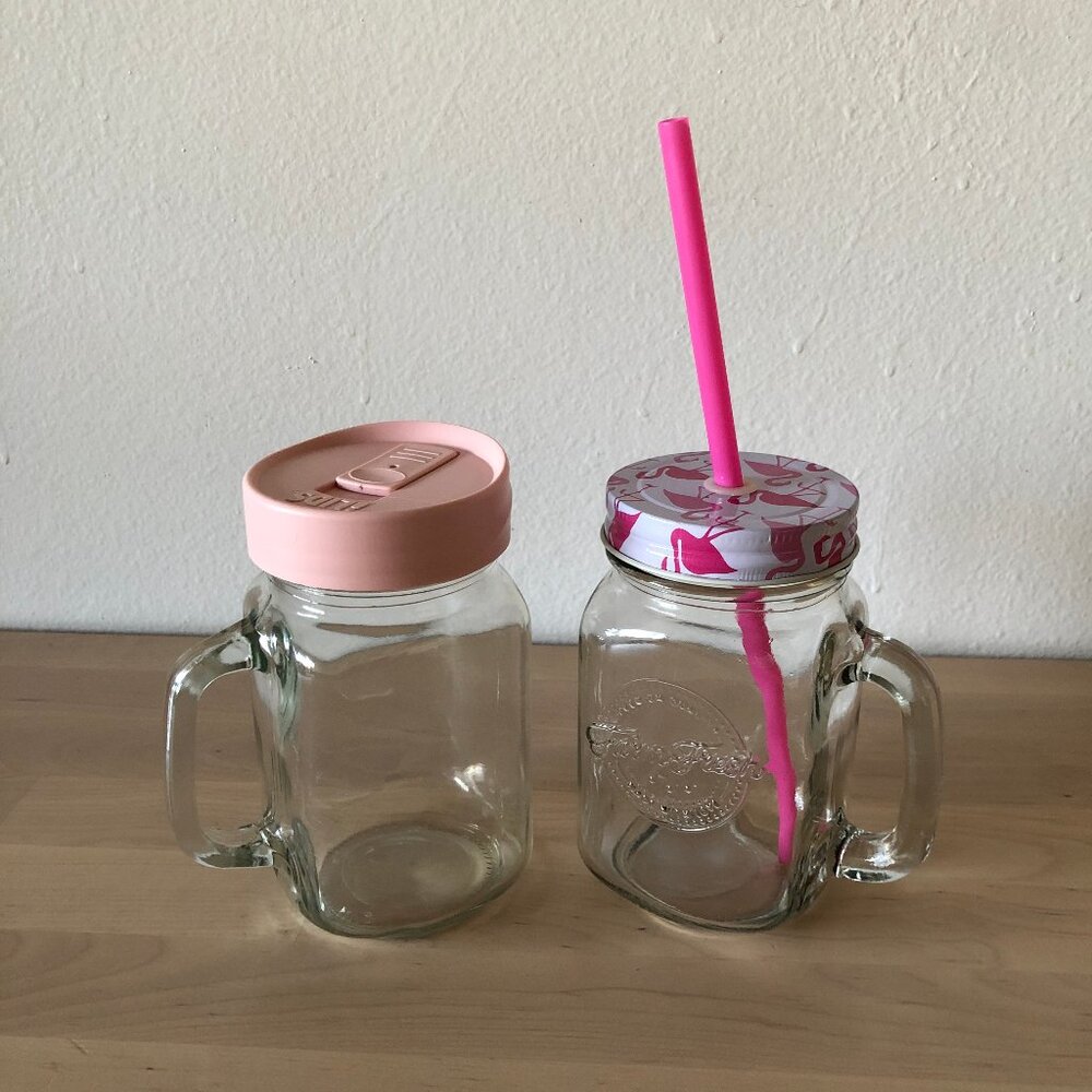 Two Mason Jars with Handles - Flamingo Lid & Straw + Pink Lid with Slider
